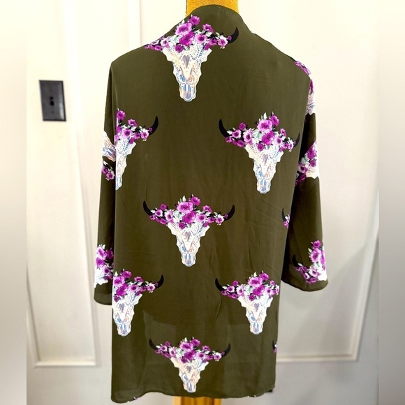 Peach‎ Love Womens Longhorn Cow skull floral kimono boho hunter green size small - Picture 4 of 8